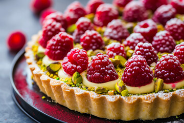 pistachio and raspberry tart, featuring a buttery crust, pistachio cream, and fresh raspberries