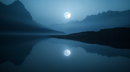 Mystic Moonrise Over Calm Lake Reflection