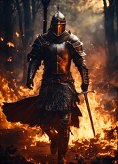 A warrior in leather armour walking into the fire
