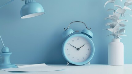 Blue alarm clock and paper reminder lunch time with realistic