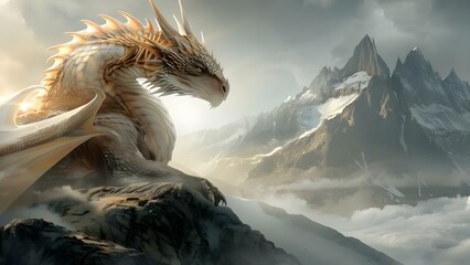 Majestic ancient dragon atop mountain in expansive fantasy realm demonstrating strength. Concept Fantasy Illustration, Ancient Dragon, Mountain Landscape, Majestic Creature, Strength Display - obrazy, fototapety, plakaty