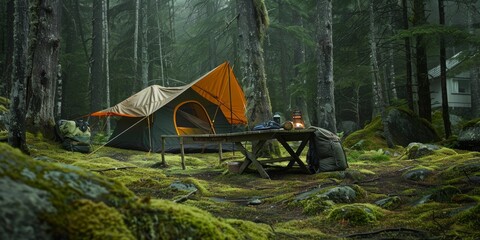 Camping tent is set up in the forest, with an orange colored tent and green cloth on it 