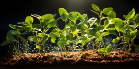 Sprouting seedlings in soil with water droplets