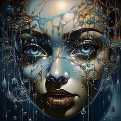 Surreal digital art portrait with water droplets