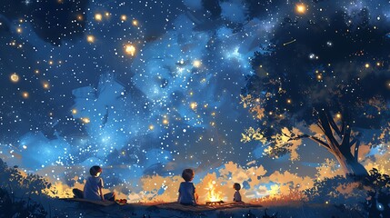 Peaceful Night Gathering: Campfire Serenity Under Starry Canopy