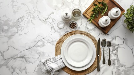 A top-down view of a marble dining table adorned with white ceramic plates, silverware, seasoning bottles, and a napkin, with space for additional elements.
