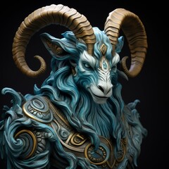 Fantastical creature with horns, ornate armor, and flowing blue hair