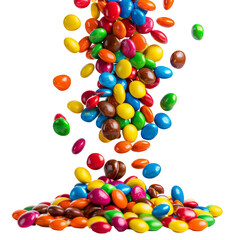 Obraz premium A bunch of colorful candy is falling from the sky. The candy is made of sugar and is in various colors such as red, yellow, green, and blue. The candy is scattered all over the ground, creating a fun