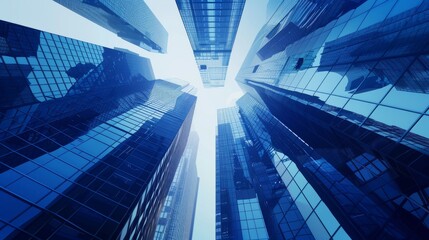 Modern skyscrapers of a smart city, futuristic financial district, graphic perspective of buildings and reflections - Architectural blue background for corporate and business brochure template
