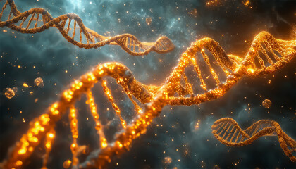 DNA chain. Glowing DNA spirals. Human molecular cellular biology concept
