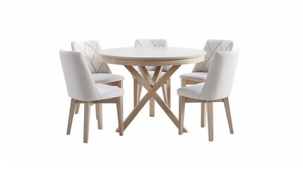A white wooden round dining table with four chairs, representing modern designer furniture, isolated on a white background.