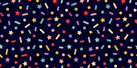 Vector Seamless Pattern with Color Sprinkles. Colorful Carnaval Confetti Texture. Cake, Ice Cream and Donut Topping Illustration. Funny Dark Background