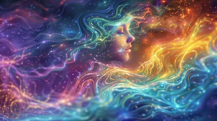 Woman deep in meditation, rooted within her soul. serene thoughts. Colorful spiraling waves encircling her tranquil visage. Connection to vastness of universe, cosmos, spirituality, esoteric.