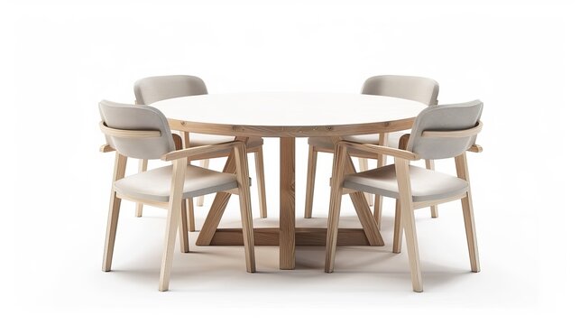 A white wooden round dining table with four chairs, representing modern designer furniture, isolated on a white background.