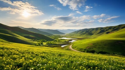 Fototapeta premium Serene mountain landscape with lush green hills and yellow wildflowers