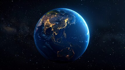 Naklejka premium Earth Illuminated: City Lights Trace Continents at Night, with Asia in Focus (Data Visualization Concept)
