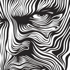 Compelling black and white illustration showcasing intense gaze of predatory creature, characterized by intricate line work that follows contours of the face. Lines create an illusion of depth