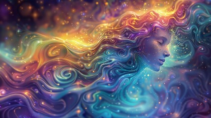 Woman deep in meditation, rooted within her soul. serene thoughts. Colorful spiraling waves encircling her tranquil visage. Connection to vastness of universe, cosmos, spirituality, esoteric.