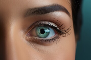 Closeup of a woman's eye with long eyelashes and vibrant blue-green iris
