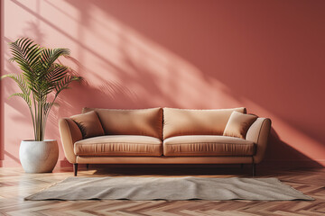 Elegant home interior with stylish modern sofa and plant