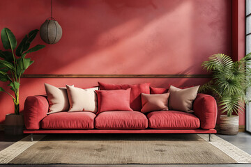 Stylish living room with red couch and decorative plants
