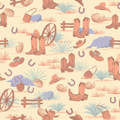 Wild West Fences, Cowboy Boots and Hats, Wagon Wheels and Horseshoes seamless pattern print background