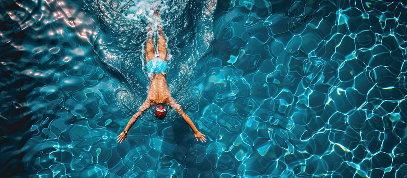 Top view of a swimmer swimming in a pool. Horizontal banner. Background - Powered by Adobe