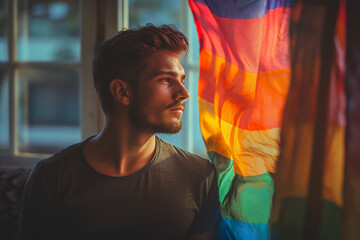 Young man reflects beside a vibrant Pride flag at sunset