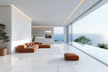 Luxurious minimalist oceanfront living room with panoramic views