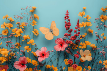 Vibrant wildflowers and butterfly on pastel blue background