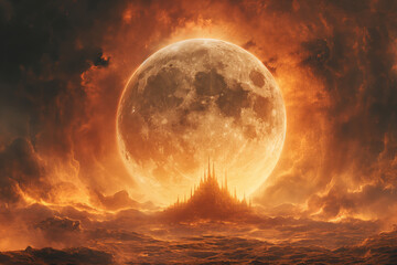 Dramatic fantasy landscape with large moon and fiery sky