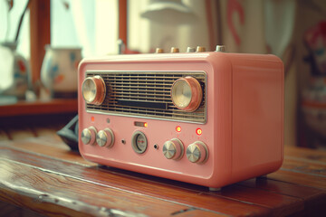 Vintage pink radio on wooden table near window