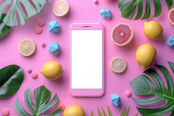 Smartphone with citrus fruits and tropical leaves on pink
