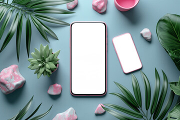 Stylish smartphones surrounded by tropical plants and rocks
