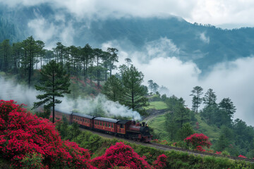 Vintage train journey through misty mountains with blooming flowers