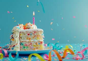 slice of funfetti cake with colorful ribbons and one candle on blue background, representing the joyous celebration during a birthday party Generative AI