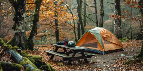Camping tent is set up in the forest, with an orange colored tent and green cloth on it 