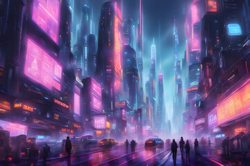 Futuristic city bustling with robots of various designs and sizes, metallic sheen catches the neon lights, skyline filled with skyscrapers displaying holographic advertisements, cyberpunk aesthetic, d