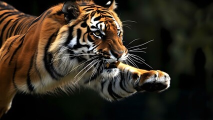 Obraz premium Fierce tiger midjump mouth open sharp teeth on black background. Concept Wildlife Photography, Fierce Tiger, Animal Behavior, Nature Conservation, Predator in Action