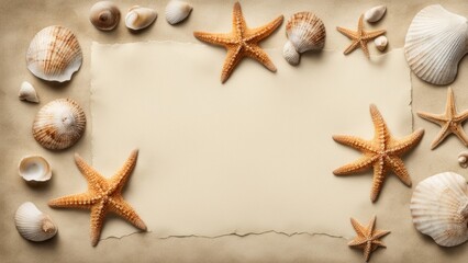 A blank sheet of old white paper with starfish and shells. A place for the text.