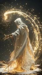 An ethereal figure draped in a flowing robe casts golden sparks, creating a mesmerizing swirl of light in a dark, mystical setting.