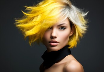 Vibrant blonde hairstyle against dark background