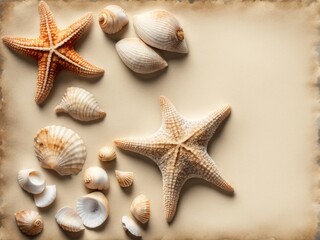 A blank sheet of old white paper with starfish and shells. A place for the text.