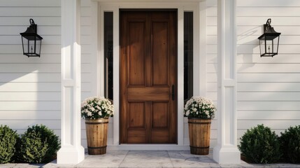 Brown Wood Front Door of a White Siding Southern Ho realistic
