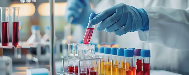 doctor holds test tube with blood, laboratory research analysis, medicine wallpaper, doping test, world donor day