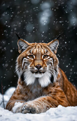 A cute and wild eurasian lynx sitting on a rock in snow at winter in nature.