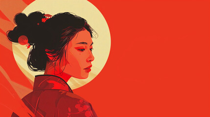 Asian girl portrait on red background
