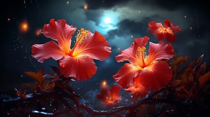 Vibrant hibiscus flowers blooming in the moonlight