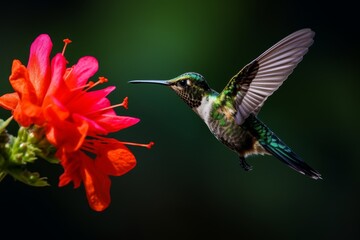 Fototapeta premium Hummingbird feeding on vibrant red flower