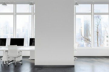 White coworking interior with pc computers on tables near window. Mockup wall